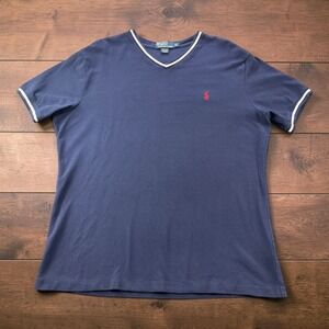 Y2K Polo Ralph Lauren Mens XL Navy Blue V-Neck Tipped Pique Cotton T-Shirt Pony